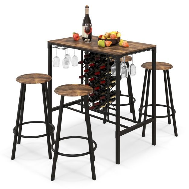 5-teilig Bartisch mit 4 Barhockern &amp; Weinregal Retro-Braun