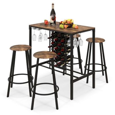 5-teilig Bartisch mit 4 Barhockern &amp; Weinregal Retro-Braun