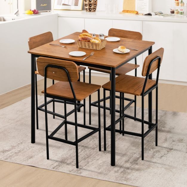 Ess-Set 5-Teiliges Esstisch-Set mit Tisch und 4 Barhockern Baumnuss