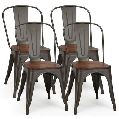 4-Teiliges Tolix Esszimmerstuhl Set aus Ulmenholz Bistrostuhl Stapelbare Metallstühle 52 x 42 x 84 cm Braun + Grau