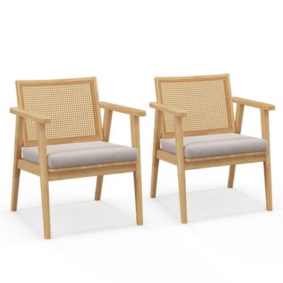 2er Set Boho-Esszimmerstühle Rattan-Rücken &amp; Abnehmbarem Sitzkissen