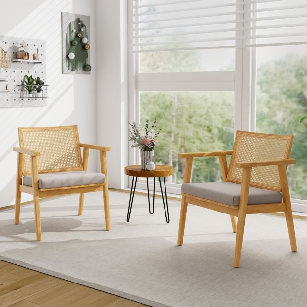 2er Set Boho-Esszimmerstühle Rattan-Rücken &amp; Abnehmbarem Sitzkissen
