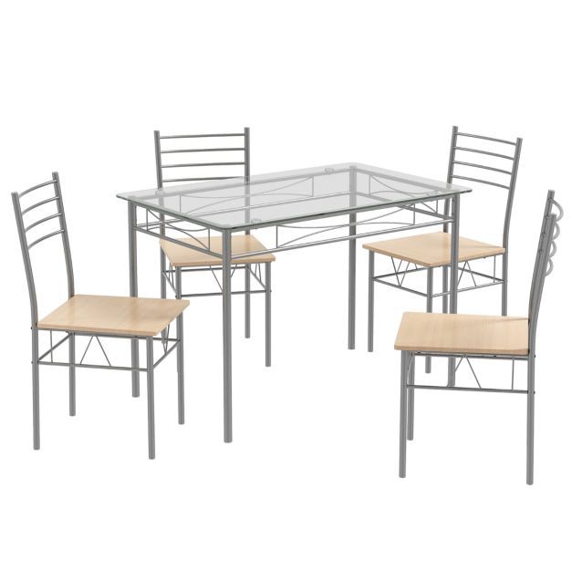 5-teiliges Esszimmer-Set Esstisch aus Glas mit 4 Stühlen &amp; rostfreiem Metallrahmen