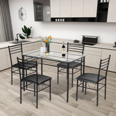 5-teiliges Esszimmer-Set Esstisch aus Glas mit 4 Stühlen schwarz