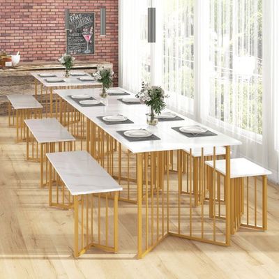 Moderne 4-teilige Esszimmergruppe mit 2 Stühlen &amp; Tisch &amp; Bank Marmor, Weiss + Golden