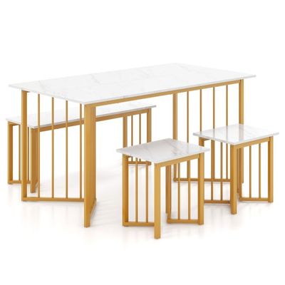 Moderne 4-teilige Esszimmergruppe mit 2 Stühlen &amp; Tisch &amp; Bank Marmor, Weiss + Golden