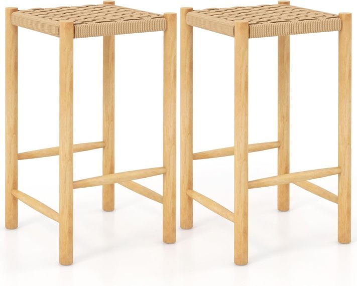 Rustikales Esszimmer-Barhocker-Set aus Gummibaumholz &amp; aus geflochtenem Papier natur