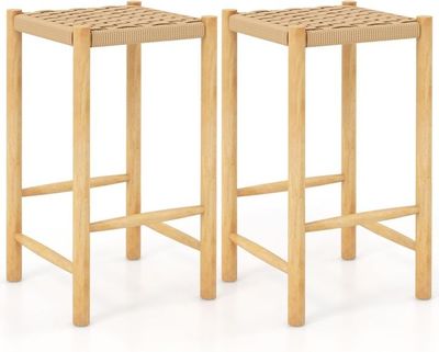 Rustikales Esszimmer-Barhocker-Set aus Gummibaumholz &amp; aus geflochtenem Papier natur