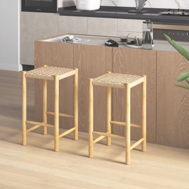 Rustikales Esszimmer-Barhocker-Set aus Gummibaumholz & aus geflochtenem Papier natur