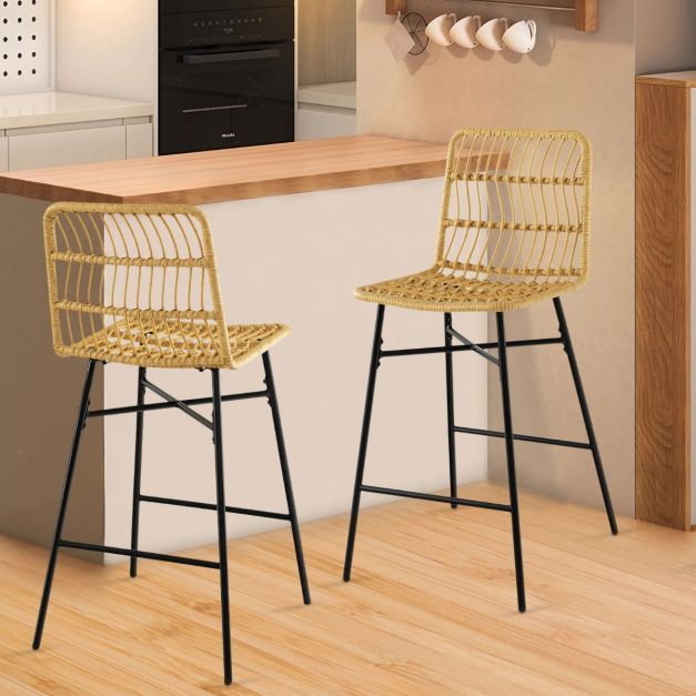 2er-Set aus 104 cm Hohen Rattan-Barhockern Gelb und Schwarz