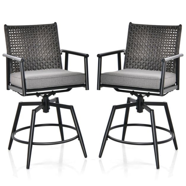 2er Set Barhocker PE-Rattan-Rückenlehne gepolstertem Kissen Schwarz