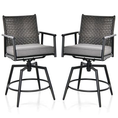 2er Set Barhocker PE-Rattan-Rückenlehne gepolstertem Kissen Schwarz