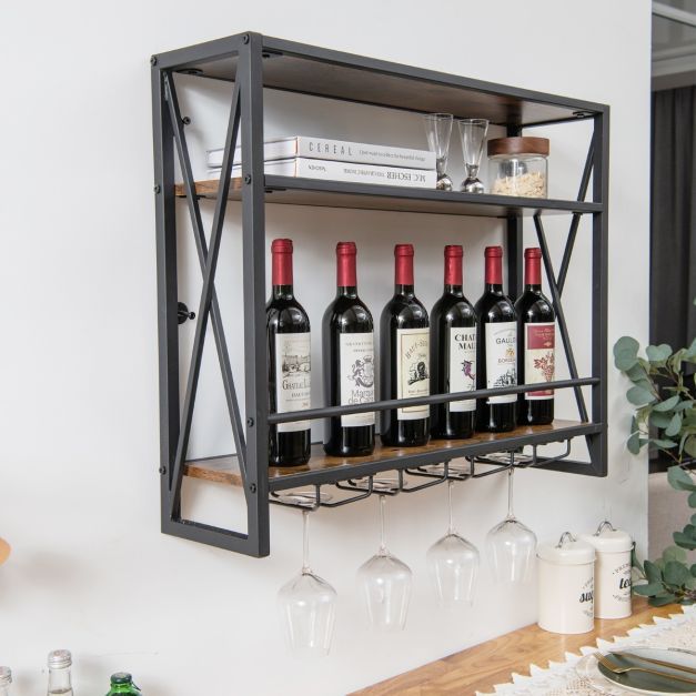3 Ebenen Wand-Weinregal aus Metall mit Glashalter Industrial Design Rustikales Braun