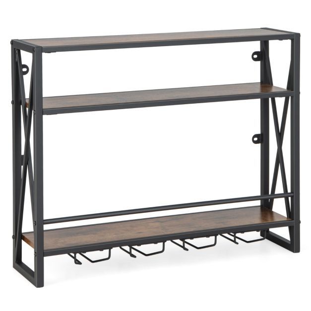 3 Ebenen Wand-Weinregal aus Metall mit Glashalter Industrial Design Rustikales Braun