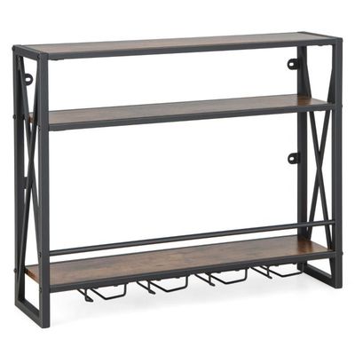3 Ebenen Wand-Weinregal aus Metall mit Glashalter Industrial Design Rustikales Braun