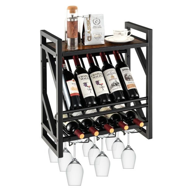 Wandmontiertes Weinregal mit 2 Ebenen Weinflaschenregal &amp; 3 Reihen für Weinglashalter