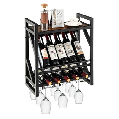 Wandmontiertes Weinregal mit 2 Ebenen Weinflaschenregal &amp; 3 Reihen für Weinglashalter