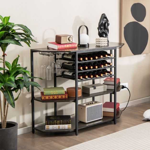 3-stufiges Industrielles Weinregal mit Steckdosen & Flaschenregal & Glashaltern Weinbarschrank Grau