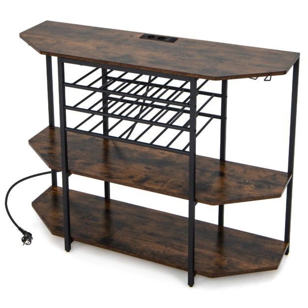 3-stufiges Industrielles Weinregal mit Steckdosen &amp; Flaschenregal &amp; Glashaltern Weinbarschrank braun