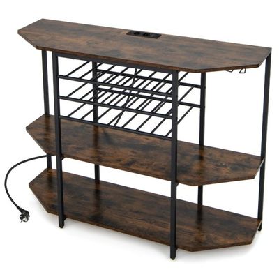 3-stufiges Industrielles Weinregal mit Steckdosen &amp; Flaschenregal &amp; Glashaltern Weinbarschrank braun