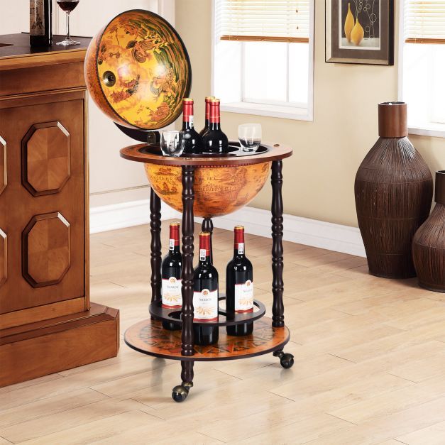 Rollender Globus-Weinständer Globus Hausbar auf Rollen für Wein 47 x 47 x 90 cm Braun