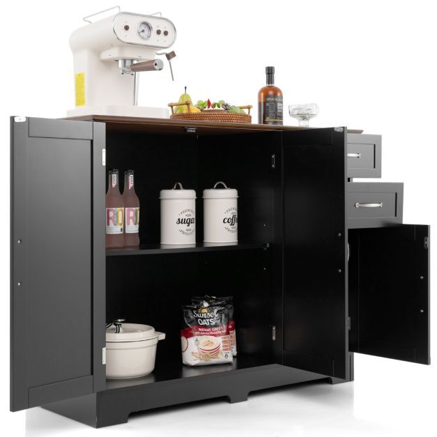 Sideboard mit Arbeitsplatte &amp; Türen &amp; Schubladen &amp; Verstellbaren Ablagen Küchenschrank Schwarz