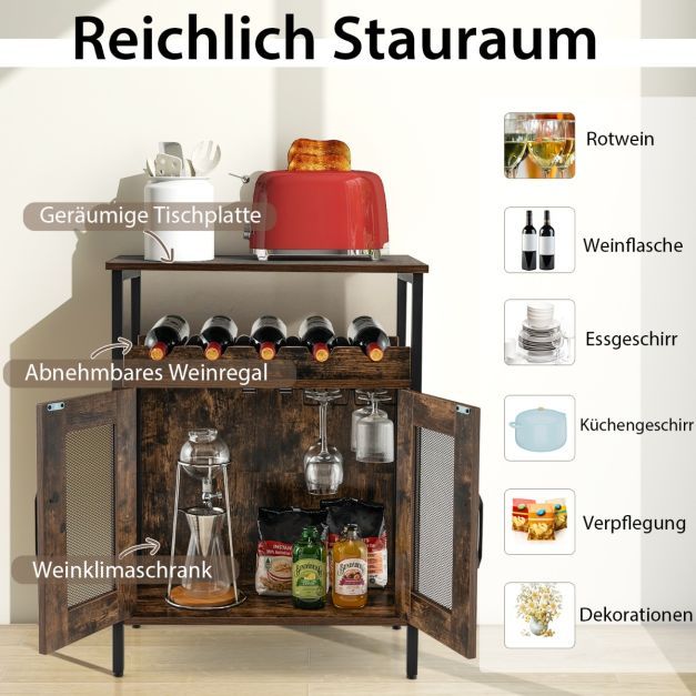 Vintage Weinschrank mit Abnehmbarem Weinregal & Integrierten Glashaltern Rustikales Braun