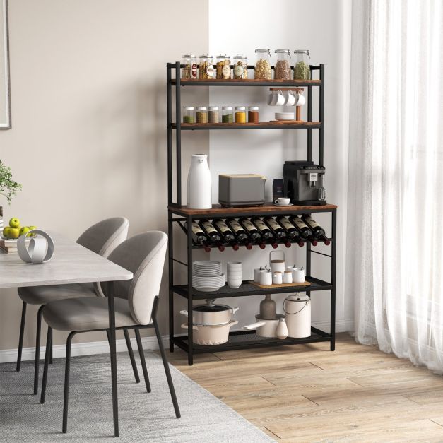 Küchenregal mit Weinregal bis 10 Flaschen & Arbeitsplatte & 5 Ablagen Bäckerregal Braun