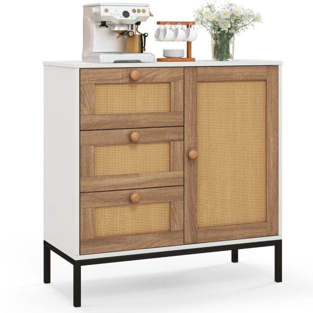 Sideboard Rattan Kommode mit 1 Tür und 3 Schubladen Weiss + Natur