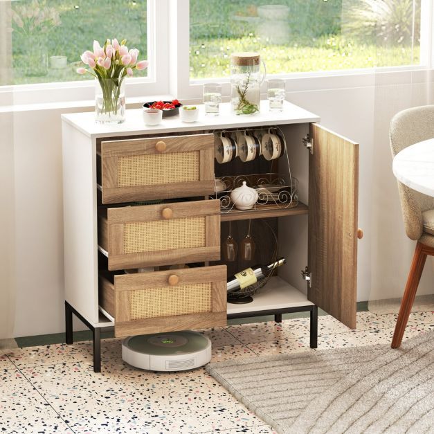 Sideboard Rattan Kommode mit 1 Tür und 3 Schubladen Weiss + Natur