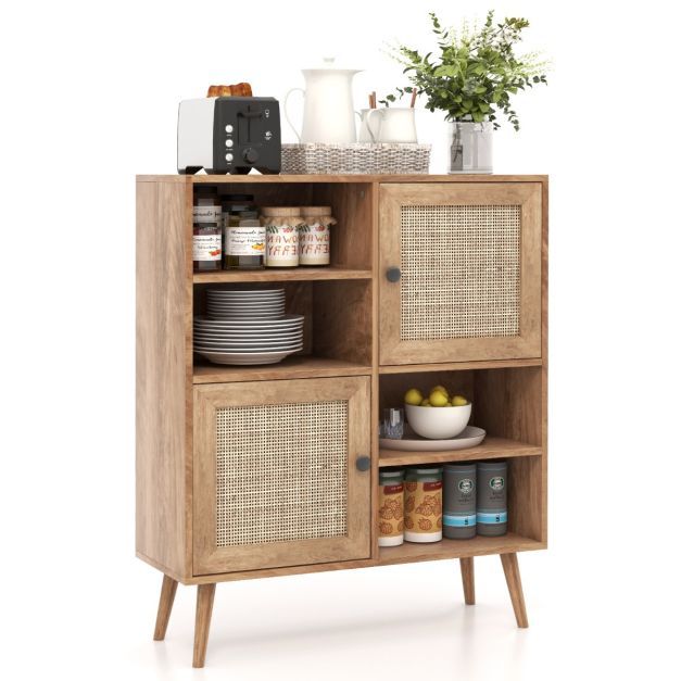 Rattan-Sideboard Boho-Stil Kommode mit 4 Fächern &amp; 2 Türen