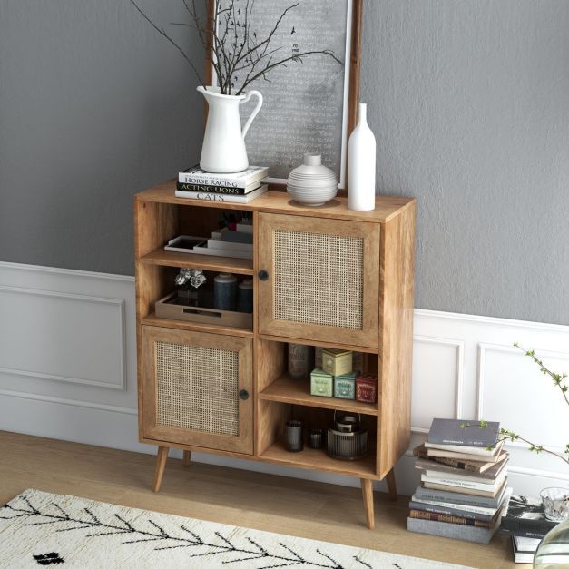 Rattan-Sideboard Boho-Stil Kommode mit 4 Fächern & 2 Türen