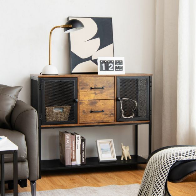 Industrielles Multifunktionales Sideboard mit 2 Gitterschränken und 2 Schubladen 100 x 35 x 85 cm