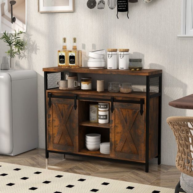 Sideboard mit 3-stufig Verstellbaren Regalen & Schiebetüren im Farmhaus Stil braun