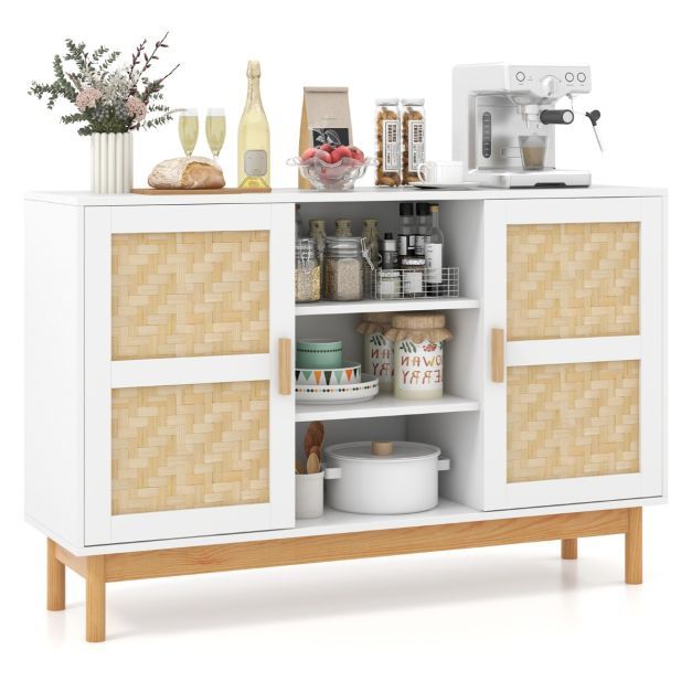 Sideboard mit 2 Bambustüren &amp; 3 offenen Regalen 120 x 35 x 78 cm Natur + Weiss