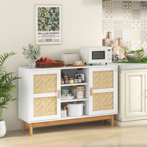 Sideboard mit 2 Bambustüren & 3 offenen Regalen 120 x 35 x 78 cm Natur + Weiss