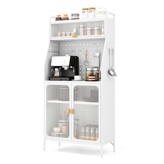 Küchenschrank Küchenbuffet mit Steckbrett &amp; verstellbarem Regal 76 x 36 x 161 cm Weiss