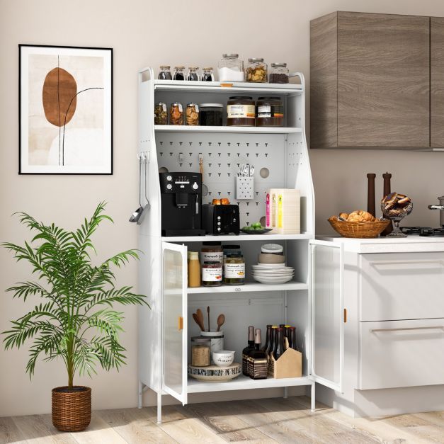 Küchenschrank Küchenbuffet mit Steckbrett & verstellbarem Regal 76 x 36 x 161 cm Weiss
