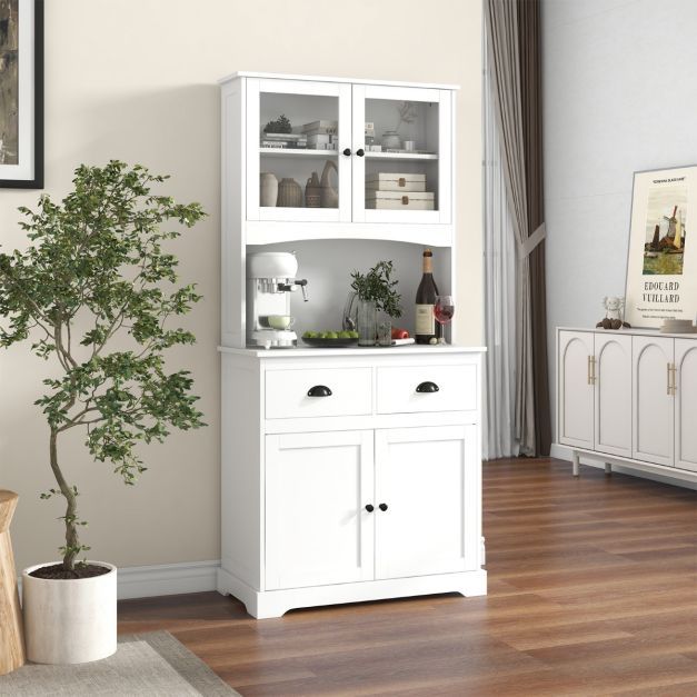 Küchenschrank, Hochschrank mit 4 Türen & 2 Schubladen Weiss
