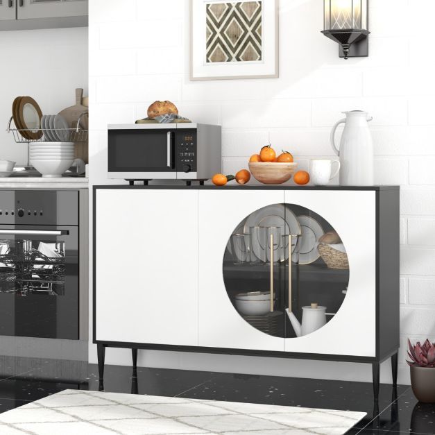 Elegantes Sideboard mit Glastüren & Metallbeinen Weiss + Schwarz