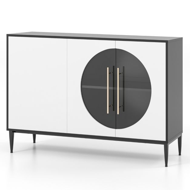 Elegantes Sideboard mit Glastüren &amp; Metallbeinen Weiss + Schwarz