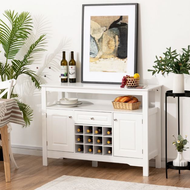 Modernes Sideboard mit Weinregal + 2 Schränken & Schublade Weiss