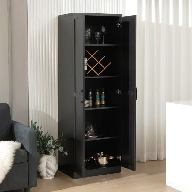 178 cm 5 Stöckiger Hochschrank mit 2 Türen & Verstellbaren Regalen & Kippsicherung Schwarz