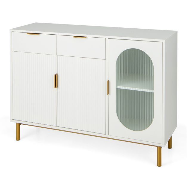 Sideboard mit Glastür mit 2 Schubladen &amp; Metallbeinen 120 x 40 x 88 cm Weiss