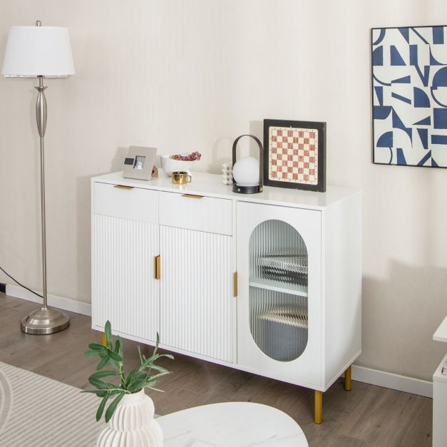 Sideboard mit Glastür mit 2 Schubladen & Metallbeinen 120 x 40 x 88 cm Weiss