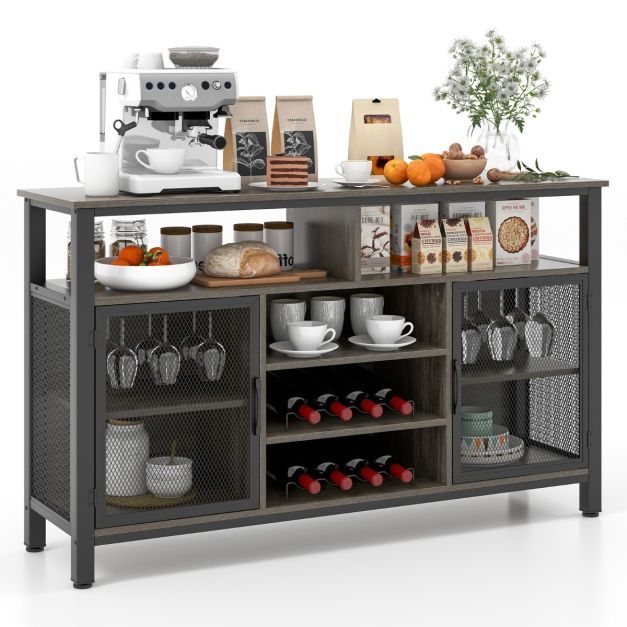 Sideboard mit 2 Metallgittertüren &amp; Offenen Fächern &amp; Weinregal &amp; Weinglashaltern Grau