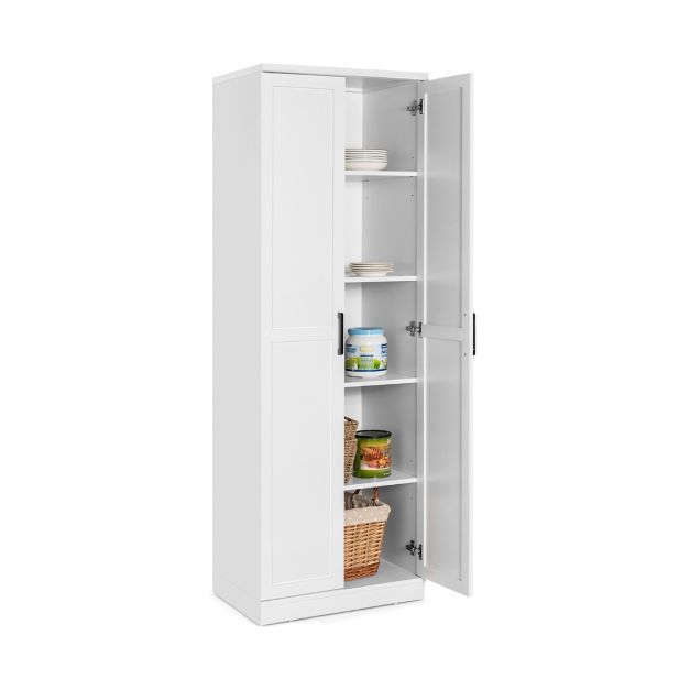 178 cm 5 Stöckiger Hochschrank mit 2 Türen &amp; Verstellbaren Regalen &amp; Kippsicherung weiss