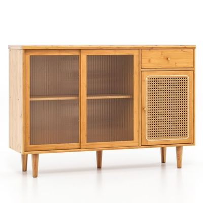 Modernes Rattan Boho Sideboard mit Schiebetüren aus Gehärtetem Glas