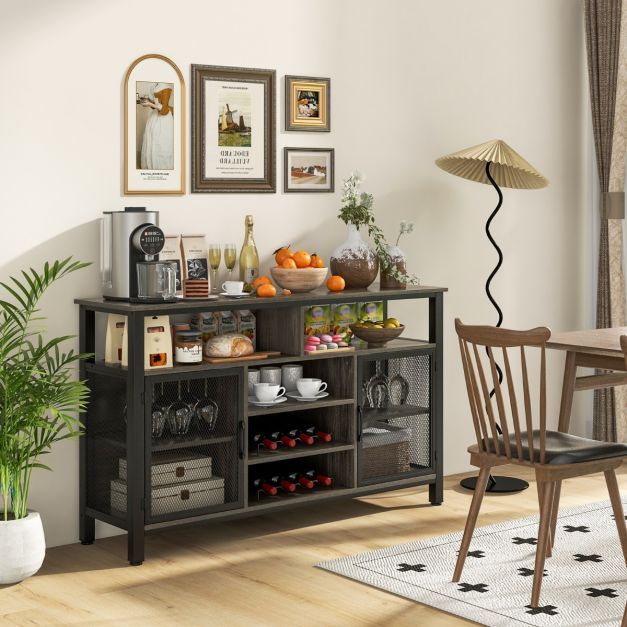 Sideboard mit 2 Metallgittertüren & Offenen Fächern & Weinregal & Weinglashaltern Grau