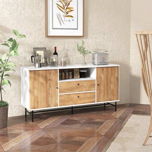 Modernes Buffet-Sideboard Kaffeebar im Mid-Century-Stil mit Schiebetüren 150 x 45 x 74 cm Weiss + Eiche